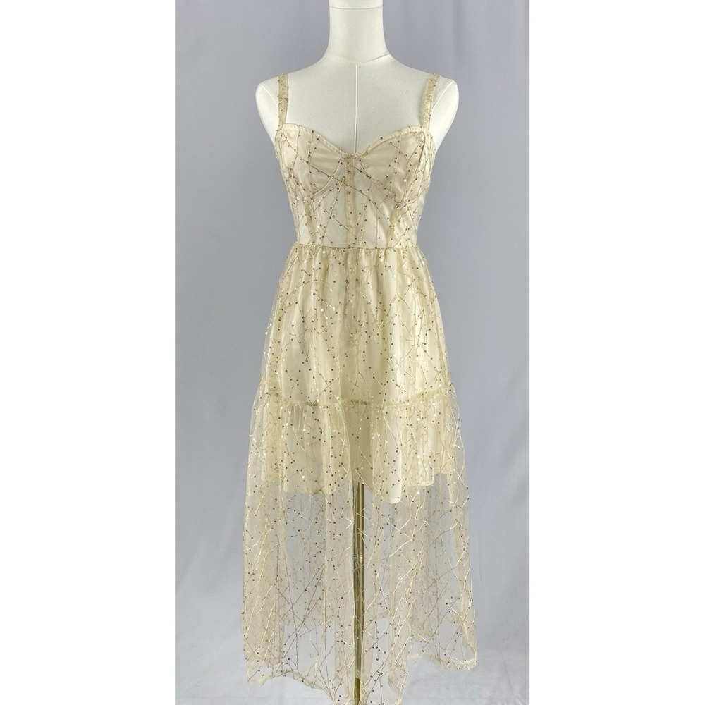 Forever 21 Sequin Tulle Midi Dress Womens Small Cream Gold Fairycoreβ Party Prom